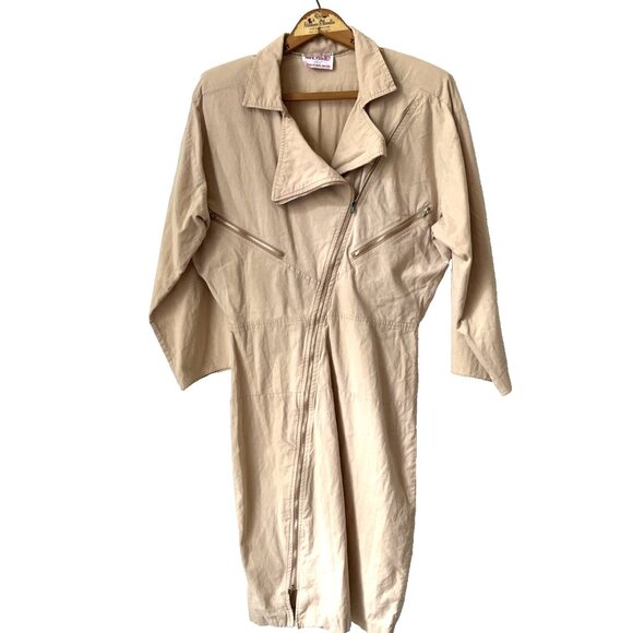 80s Diamonds Run Wayne Diamond tan cotton‎ zip front utility dress M/L 26" waist - Picture 1 of 7